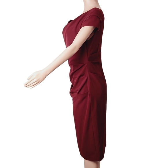 ADRIANNA Papell Asymmetrical Brick Red Crinkled Midi Sheath Dress Size: 10 - Picture 4 of 13